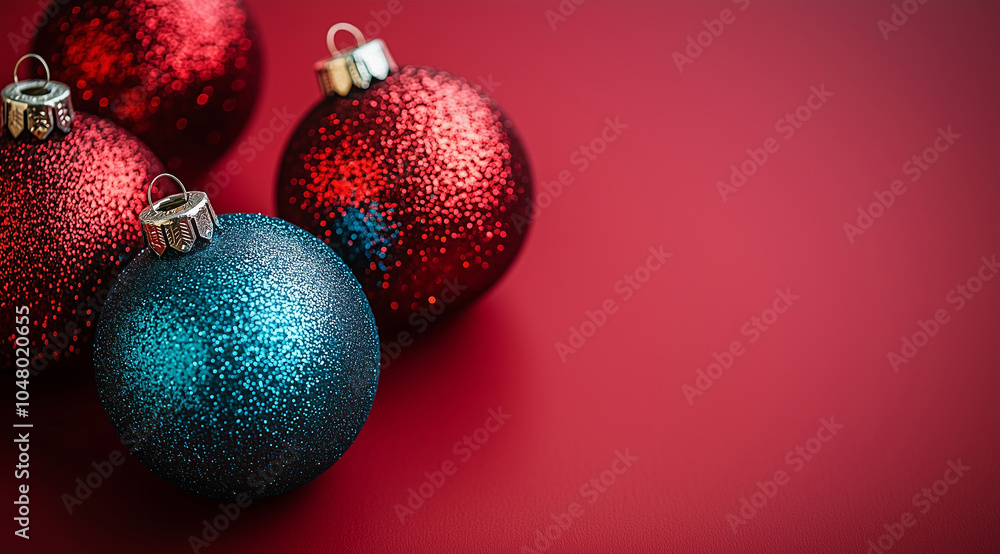 Festive Christmas Ornaments Arranged on Vibrant Red Background with Copy Space, Featuring Holiday Decoration Elements, Joyful Seasonal Atmosphere, and Classic Holiday Charm Festive Christmas Ornaments Arranged on Vibrant Red Background with Copy Space, Featuring Holiday Decoration Elements, Joyful Seasonal Atmosphere, and Classic Holiday Charm