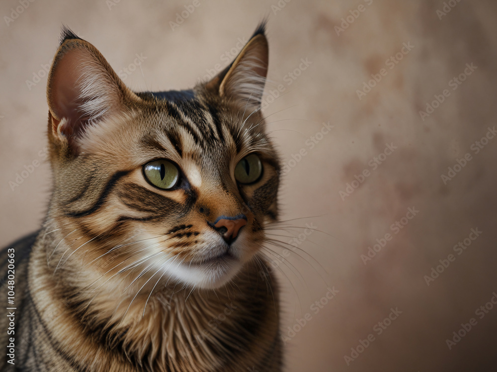 Fototapeta premium A cat sits against a plain background
