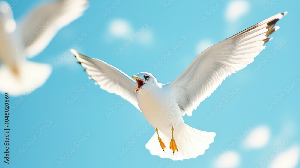 white seagulls flying with wings spread out on blue sky background white seagulls flying with wings spread out on blue sky background