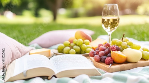 Wallpaper Mural A picnic blanket and pillow, with wooden board and many food like grape fruits, cheese, apple and wine glass on it, an open book beside it, against green grass field background Torontodigital.ca