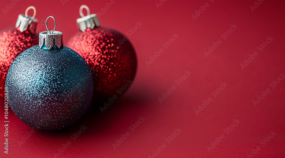 Festive Christmas Ornaments Arranged on Vibrant Red Background with Copy Space, Featuring Holiday Decoration Elements, Joyful Seasonal Atmosphere, and Classic Holiday Charm Festive Christmas Ornaments Arranged on Vibrant Red Background with Copy Space, Featuring Holiday Decoration Elements, Joyful Seasonal Atmosphere, and Classic Holiday Charm