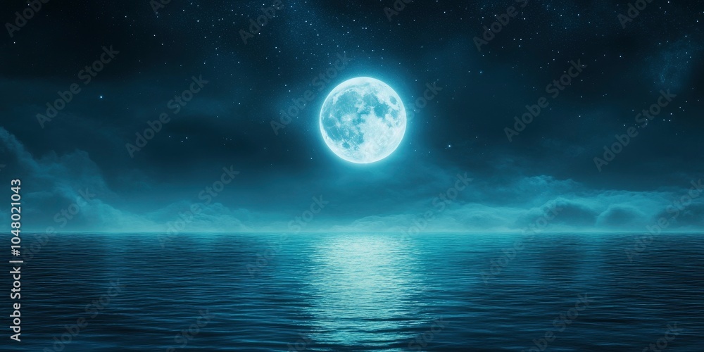 A starry night sky with the moon reflecting on calm waters, creating an ethereal and dreamy atmosphere. The water reflects both the stars in the deep blue sea and the bright silver of the full moon. A starry night sky with the moon reflecting on calm waters, creating an ethereal and dreamy atmosphere. The water reflects both the stars in the deep blue sea and the bright silver of the full moon.