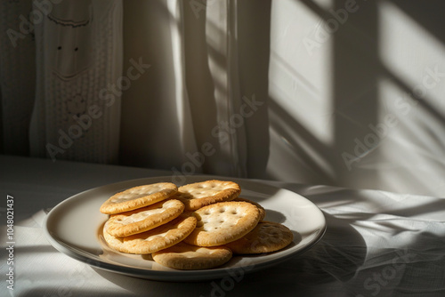 A plate of Sourdough Discard crackers is on a table. (Generative AI) photo