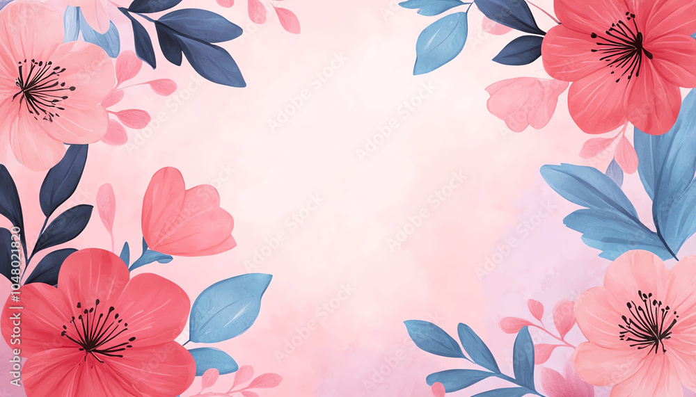 Obraz premium Beautiful floral border design with vibrant pink and blue flowers on a soft pastel background, perfect for invitations and greeting cards.
