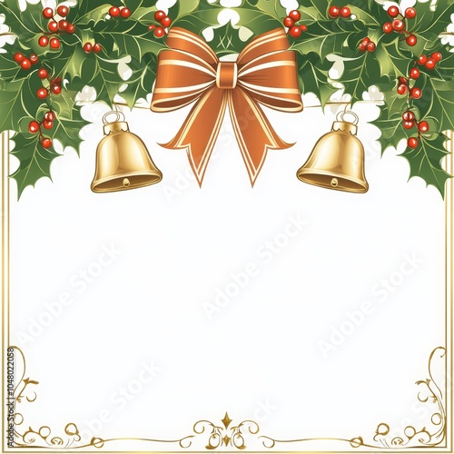 Golden and white background with holly leaves, golden ribbon bow and golden bells. Christmas card template for the design of a New Year's Day celebration, party, holiday promotion,Vector illustration,