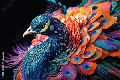 A colorful peacock with beautiful, vibrant feathers against a colorful background