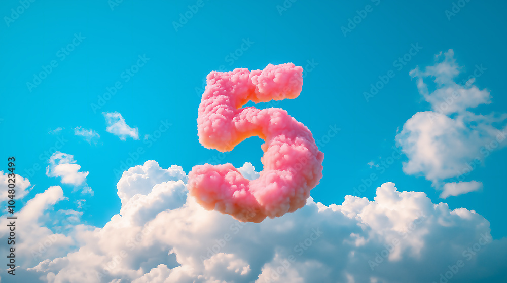 Obraz premium Radiant Clouds Forming a Pink Symbolic Number 5 with Piercing Sunlight in a Wisping Sky, Creating a Stunning Abstract Atmosphere