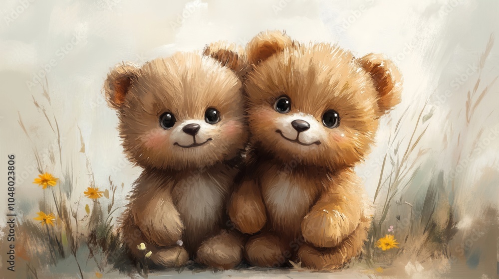 Two Adorable Teddy Bears Enjoying a Warm Friendship in Nature Two Adorable Teddy Bears Enjoying a Warm Friendship in Nature