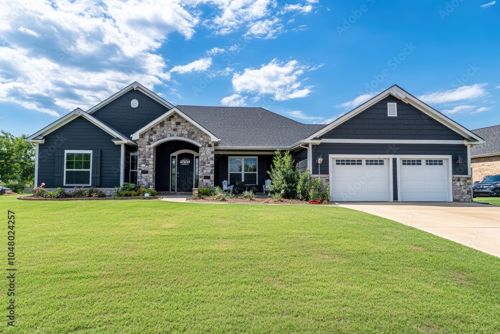 an elegant home with dark gray and white exterior paint colors, a large front yard, blue sky, green grass, and a silver car parked on the driveway an elegant home with dark gray and white exterior paint colors, a large front yard, blue sky, green grass, and a silver car parked on the driveway