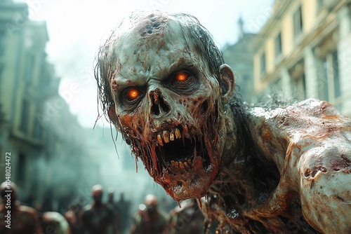 Terrifying aggressive zombie with a bloody and torn open mouth and large teeth