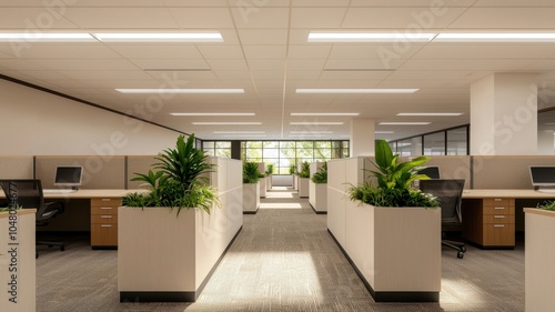 Modern office interior featuring green plants and bright natural light in a spacious work environment