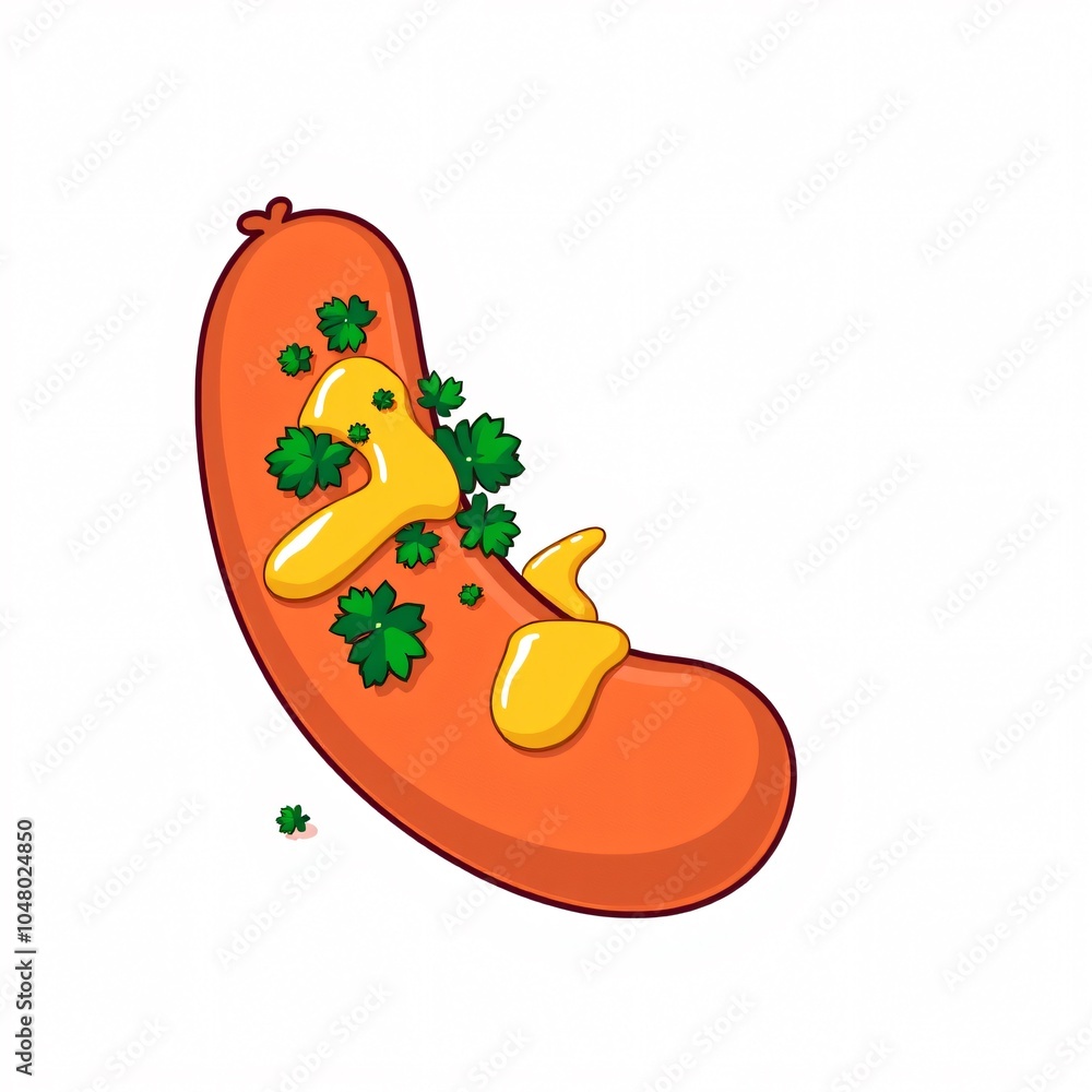 A colorful cartoon hot dog topped with yellow mustard and fresh cilantro, designed in a fun and playful style A colorful cartoon hot dog topped with yellow mustard and fresh cilantro, designed in a fun and playful style