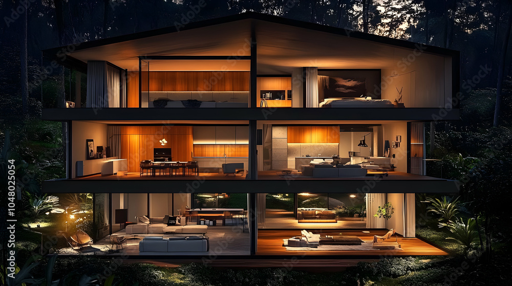Modern Three-Floor House Cutaway View at Dusk Modern Three-Floor House Cutaway View at Dusk