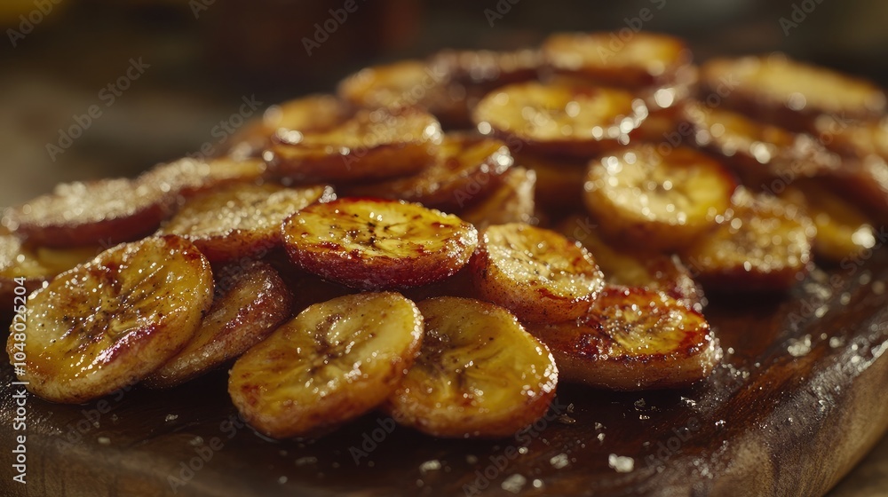 Sliced Caramelized Bananas on Wooden Board Sliced Caramelized Bananas on Wooden Board
