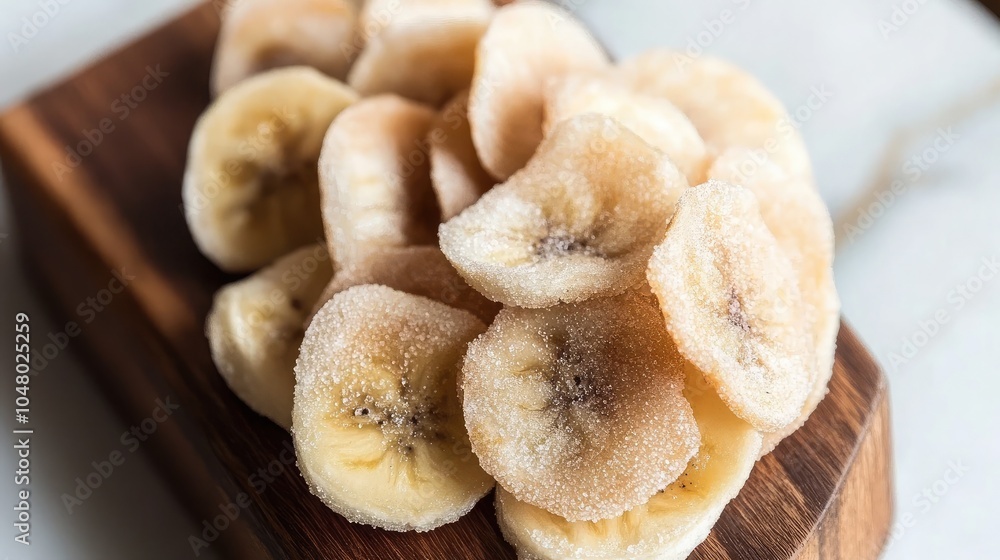 Dried Banana Slices on a Wooden Board Dried Banana Slices on a Wooden Board