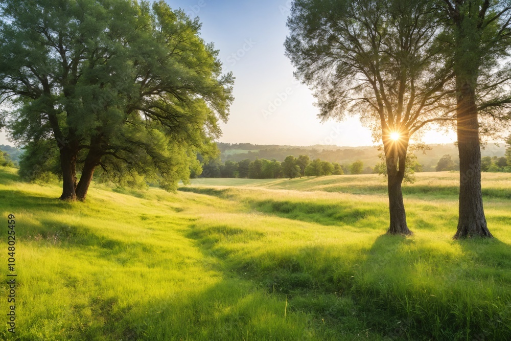 Fototapeta premium Golden Hour Sunlight Through Trees in Green Meadow Landscape