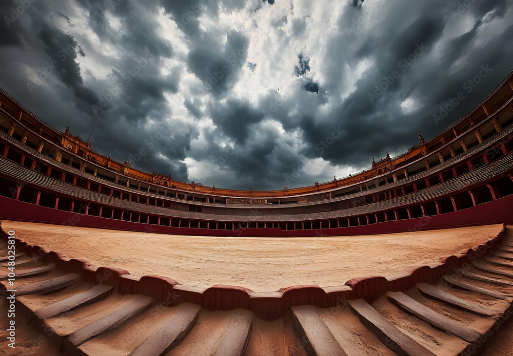 Obraz premium Empty Bullring Under Dramatic Cloudy Sky