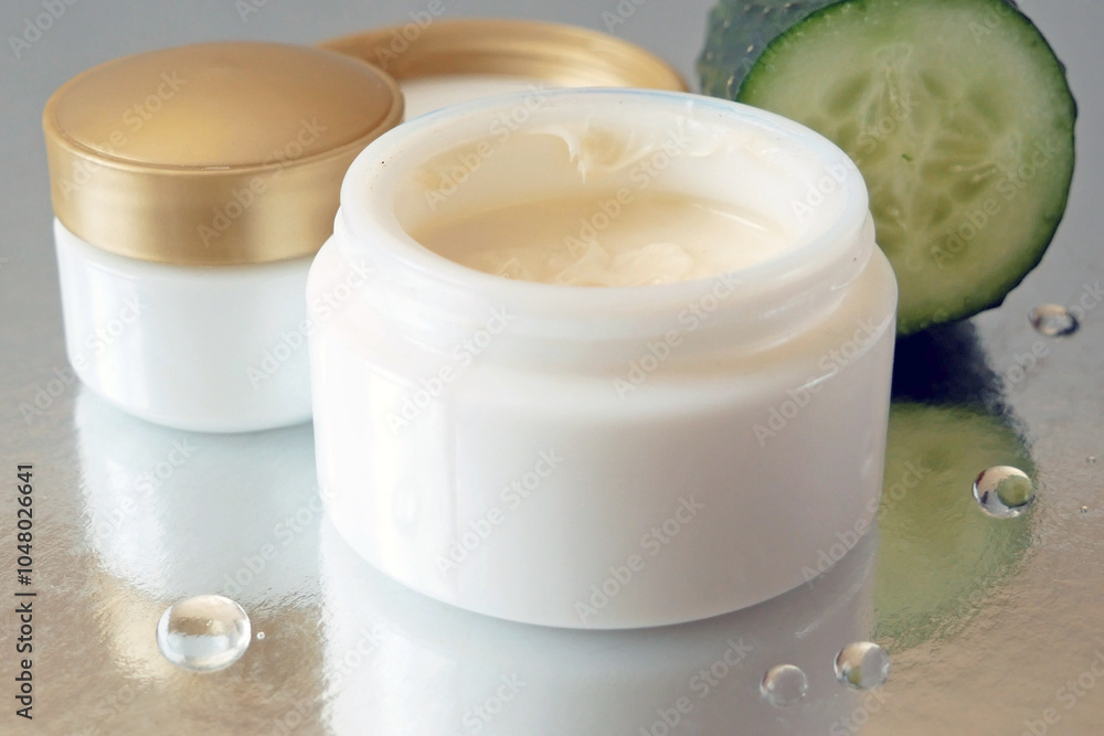 Jar of cooling moisturizer cream cosmetic, Natural skincare with refreshing green cucumber slices Jar of cooling moisturizer cream cosmetic, Natural skincare with refreshing green cucumber slices