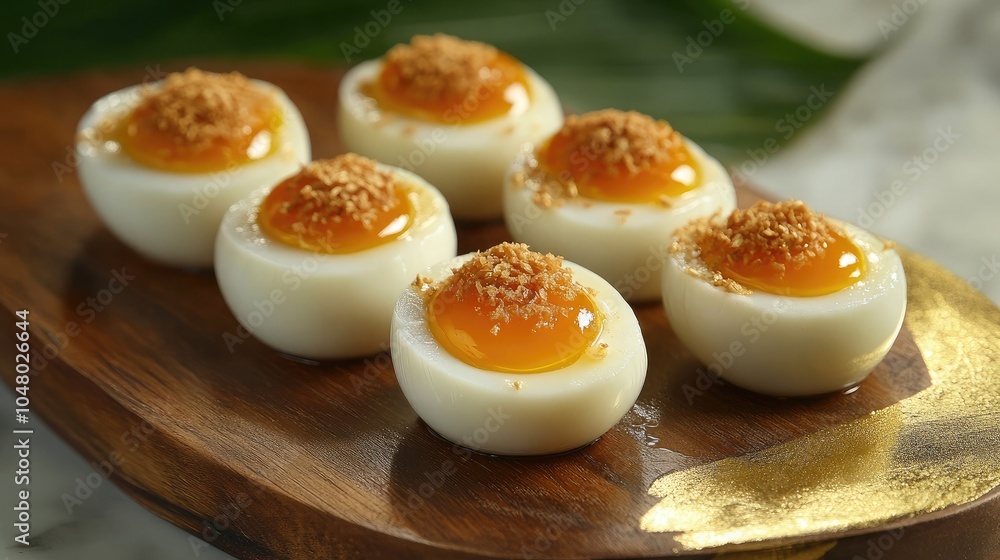 Delicate Egg Desserts on Wooden Plate