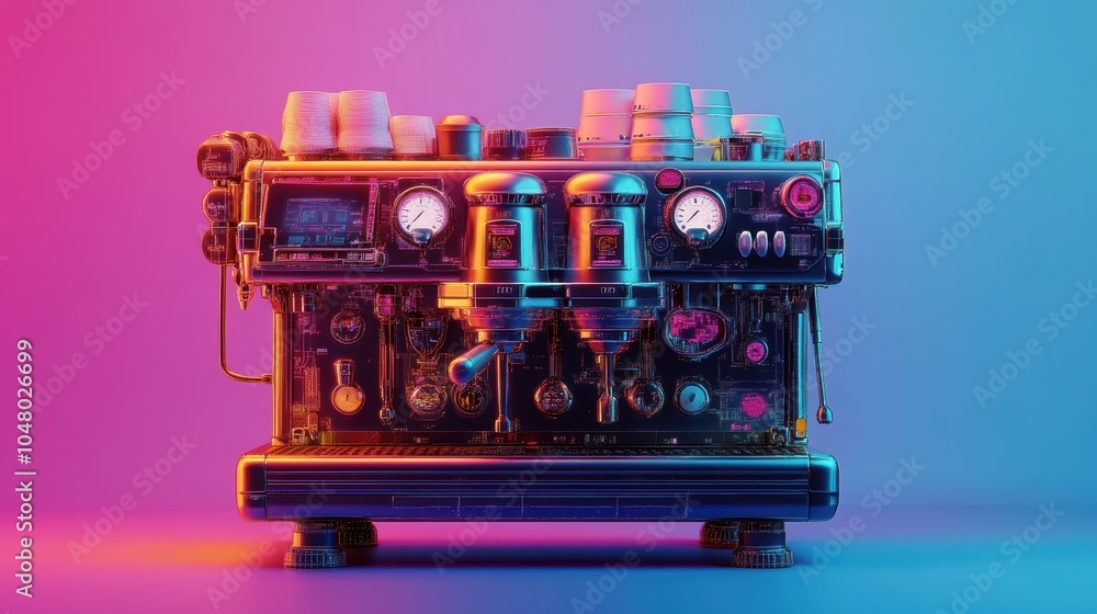 the Illustration of vector An espresso machine in cyberpunk style, in vibrant colors. the Illustration of vector An espresso machine in cyberpunk style, in vibrant colors.
