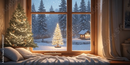 Cozy Winter Window View with Christmas Trees and Cabin