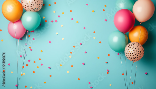 Colorful balloons in shades of pink, turquoise, orange, and cream against a bright blue background, surrounded by cheerful confetti for festive occasions. photo