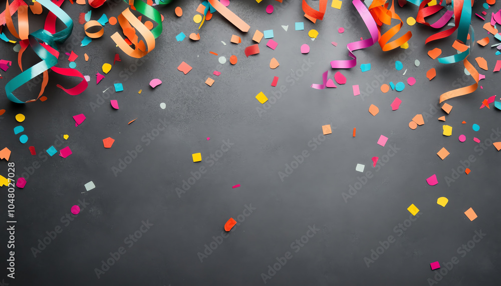 Colorful confetti and streamers scattered on a dark surface, creating a festive atmosphere perfect for celebrations and parties.
