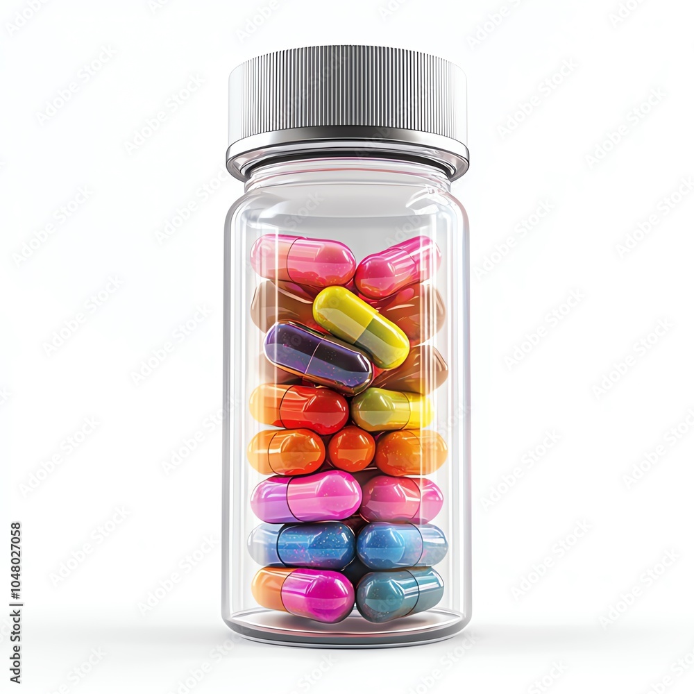 Colorful capsules in a clear bottle on white background. Colorful capsules in a clear bottle on white background.