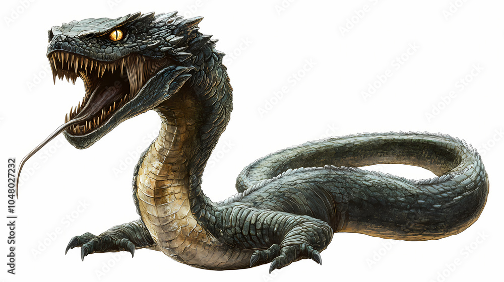 Obraz premium A terrifying basilisk with piercing eyes, sharp teeth, and a long, sinuous body, isolated on a white background. or transparent background. png cut out or die-cut. Basilisk Gaze. Illustration