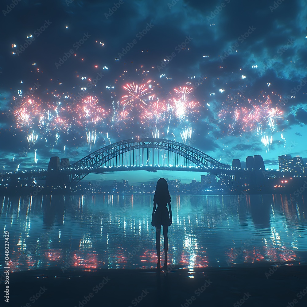 Obraz premium A lone figure silhouetted against a vibrant fireworks display over a bridge and cityscape.