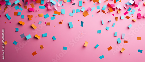 Colorful confetti scattered on a vibrant pink background, perfect for celebrations and festive occasions, adding a touch of joy and excitement.