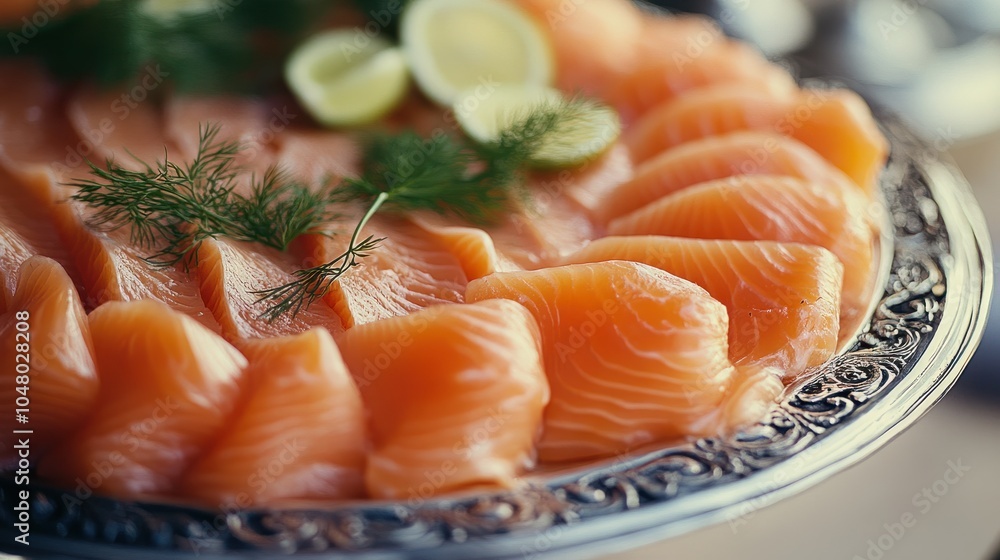 smoked salmon, elegantly draped over a silver platter, with artistic garnishes and a touch of dill, making it visually appealing and high smoked salmon, elegantly draped over a silver platter, with artistic garnishes and a touch of dill, making it visually appealing and high