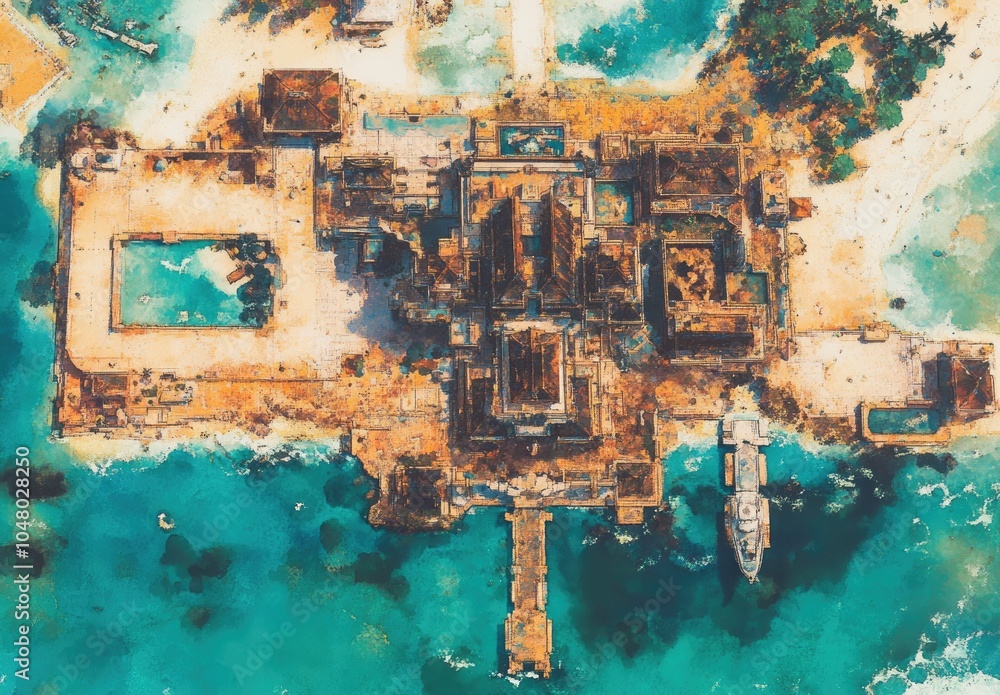 Aerial view of an ancient structure surrounded by water, showcasing intricate architecture. Aerial view of an ancient structure surrounded by water, showcasing intricate architecture.