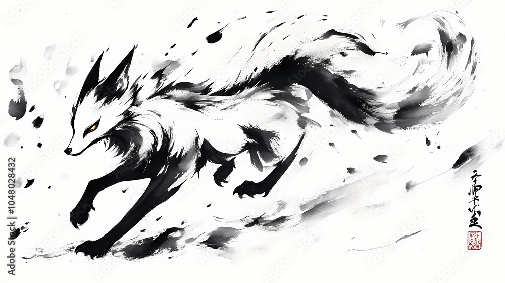 A traditional japanese ink painting of the nine-tailed fox, using minimalistic strokes to capture its grace and elegance. Nine-Tailed Fox. Illustration A traditional japanese ink painting of the nine-tailed fox, using minimalistic strokes to capture its grace and elegance. Nine-Tailed Fox. Illustration