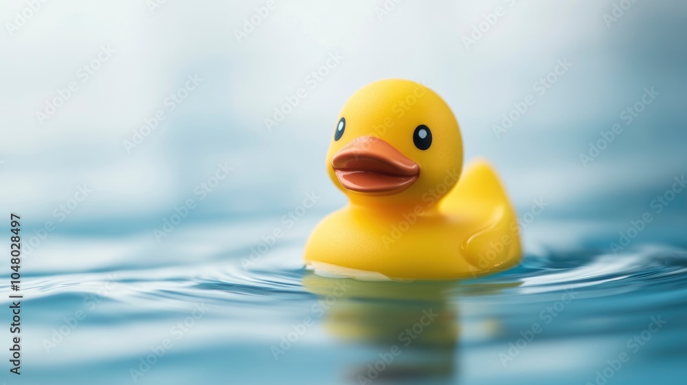 A yellow rubber duck floating in water, blue water ripples, bright blur background A yellow rubber duck floating in water, blue water ripples, bright blur background