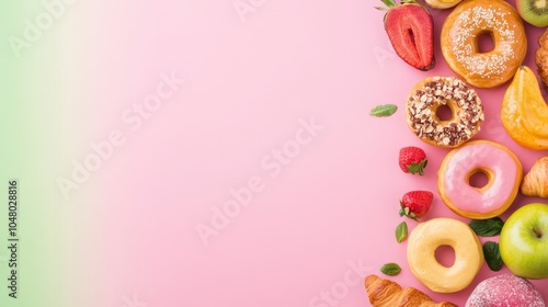  croissants, various fruit and vegetables on right side of pink background with copyspace