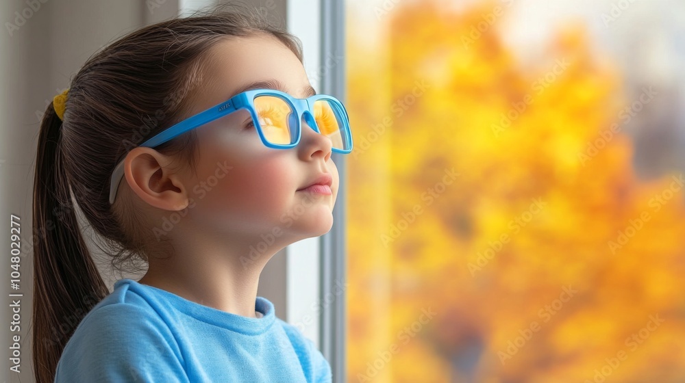 A Young Child in Blue Glasses Gazes at a Distant Tree Outside the Window, Emphasizing the Significance of Outdoor Activities for Myopia Prevention. A Young Child in Blue Glasses Gazes at a Distant Tree Outside the Window, Emphasizing the Significance of Outdoor Activities for Myopia Prevention.