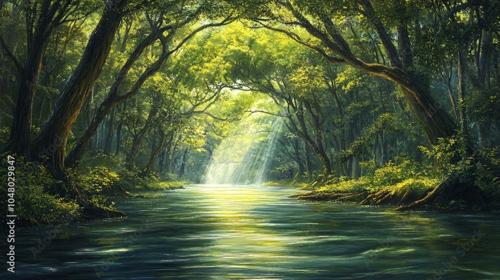 Tranquil Forest River with Sunlight Rays Tranquil Forest River with Sunlight Rays