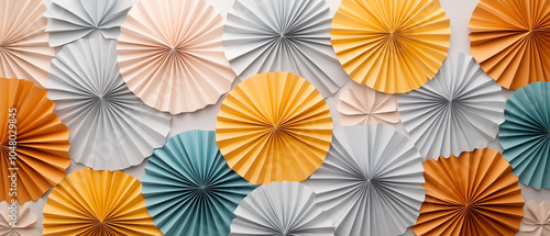 Colorful paper fans arranged in a vibrant pattern. Perfect for backgrounds or decorative purposes, showcasing creativity and design.