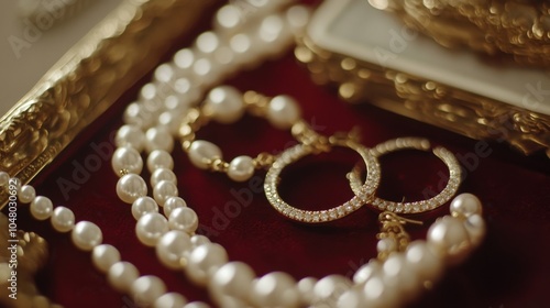 Elegant Pearl and Gold Jewelry Display on Red Velvet