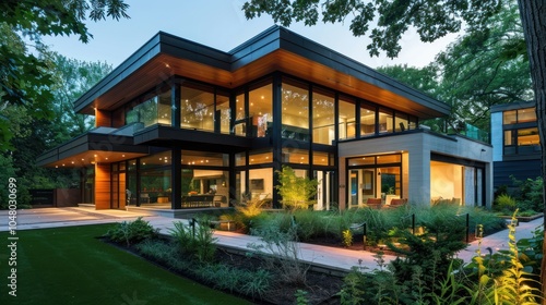 Modern Home with Extensive Glass Windows and Lush Greenery