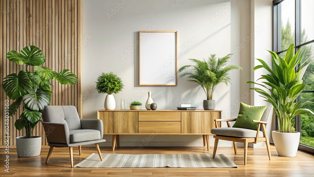 Fototapeta premium Blank Frame Mockup on White Wall in Modern Living Room with Wooden Sideboard, Green Plant, and Stylish Chair for Interior Design Inspiration
