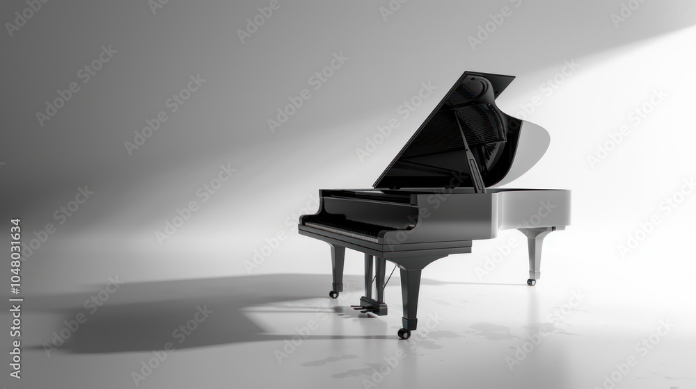 Black Grand Piano with Lid Open in a White Room Black Grand Piano with Lid Open in a White Room