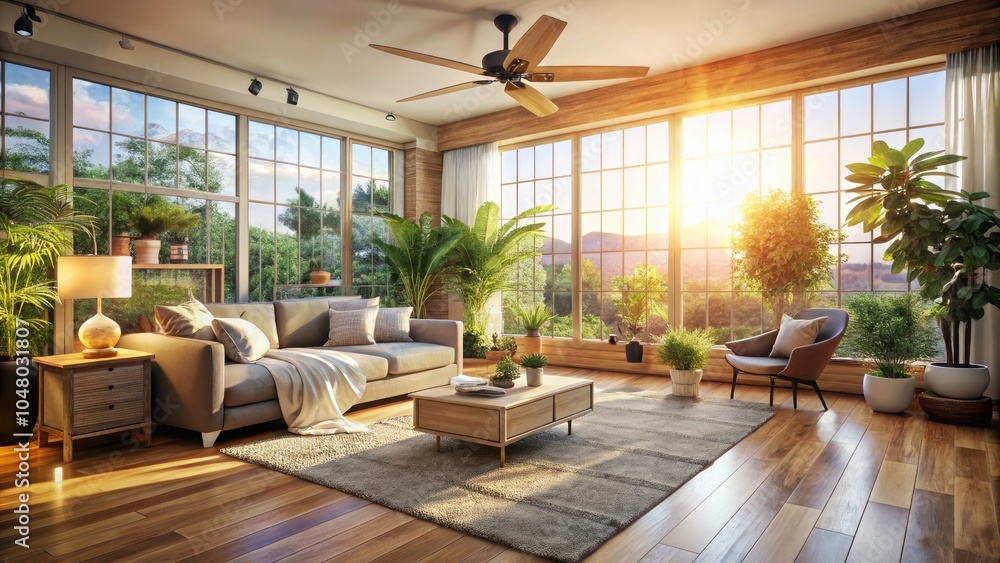 Bright Room with Ceiling Fan and Sunlight Streaming Through Window, Inviting Ambiance, Cozy Interior, Warm Atmosphere, Home Decor, Relaxation Space, Modern Living, Natural Light Bright Room with Ceiling Fan and Sunlight Streaming Through Window, Inviting Ambiance, Cozy Interior, Warm Atmosphere, Home Decor, Relaxation Space, Modern Living, Natural Light