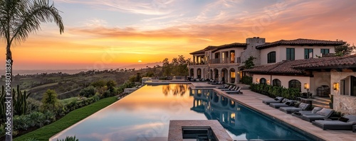 Massive luxury home in suburbia showcased at sunset.