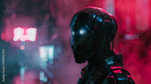 Cyberpunk Robot in the Rain: A Futuristic Cityscape