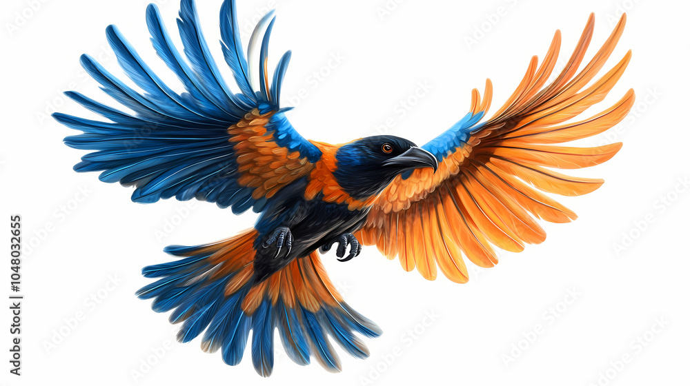 Obraz premium Amazing thunderbird in flight with blue and orange feathers, black head, and black beak. Thunderbird Soaring. Illustration