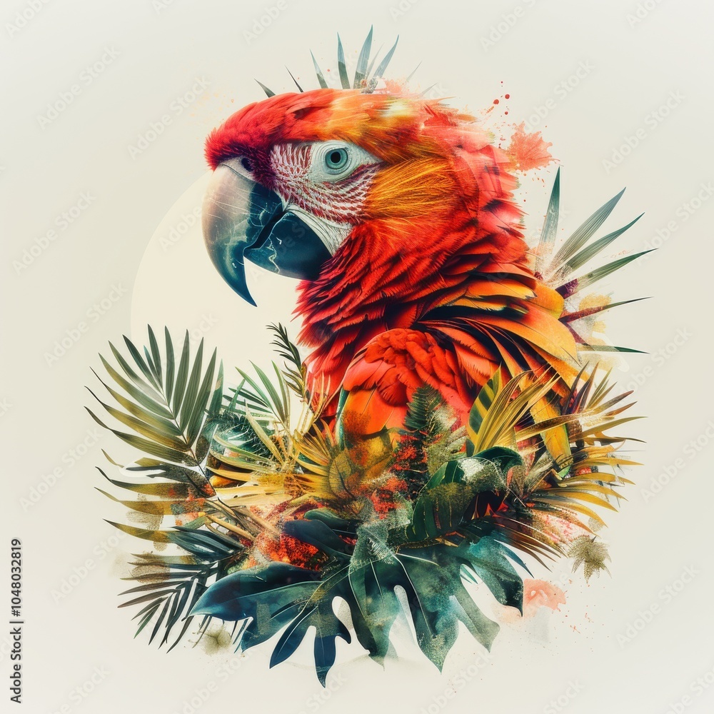 Obraz premium A colorful parrot is perched on a leafy branch. Generative AI