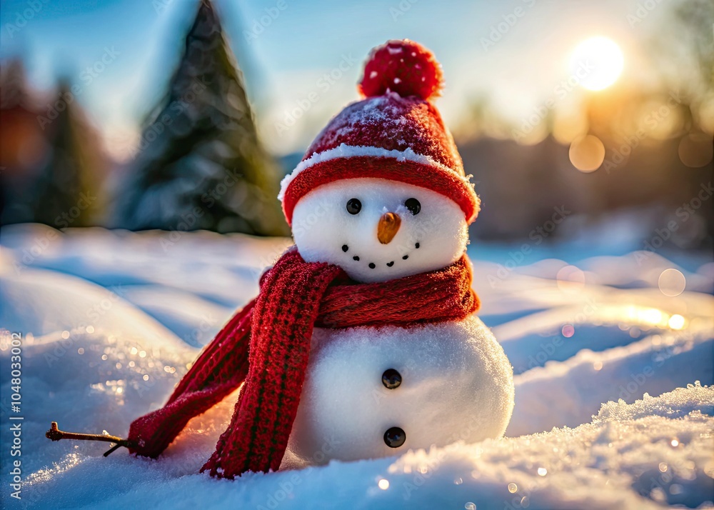 Fototapeta premium Charming Snowman in a Winter Wonderland with Red Scarf - Macro Photography of Snowy Scene
