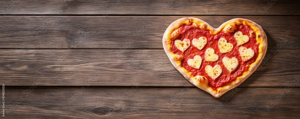 A heart-shaped pizza topped with small heart-shaped cheese, resting on a rustic wooden surface, conveying a romantic or festive theme. A heart-shaped pizza topped with small heart-shaped cheese, resting on a rustic wooden surface, conveying a romantic or festive theme.